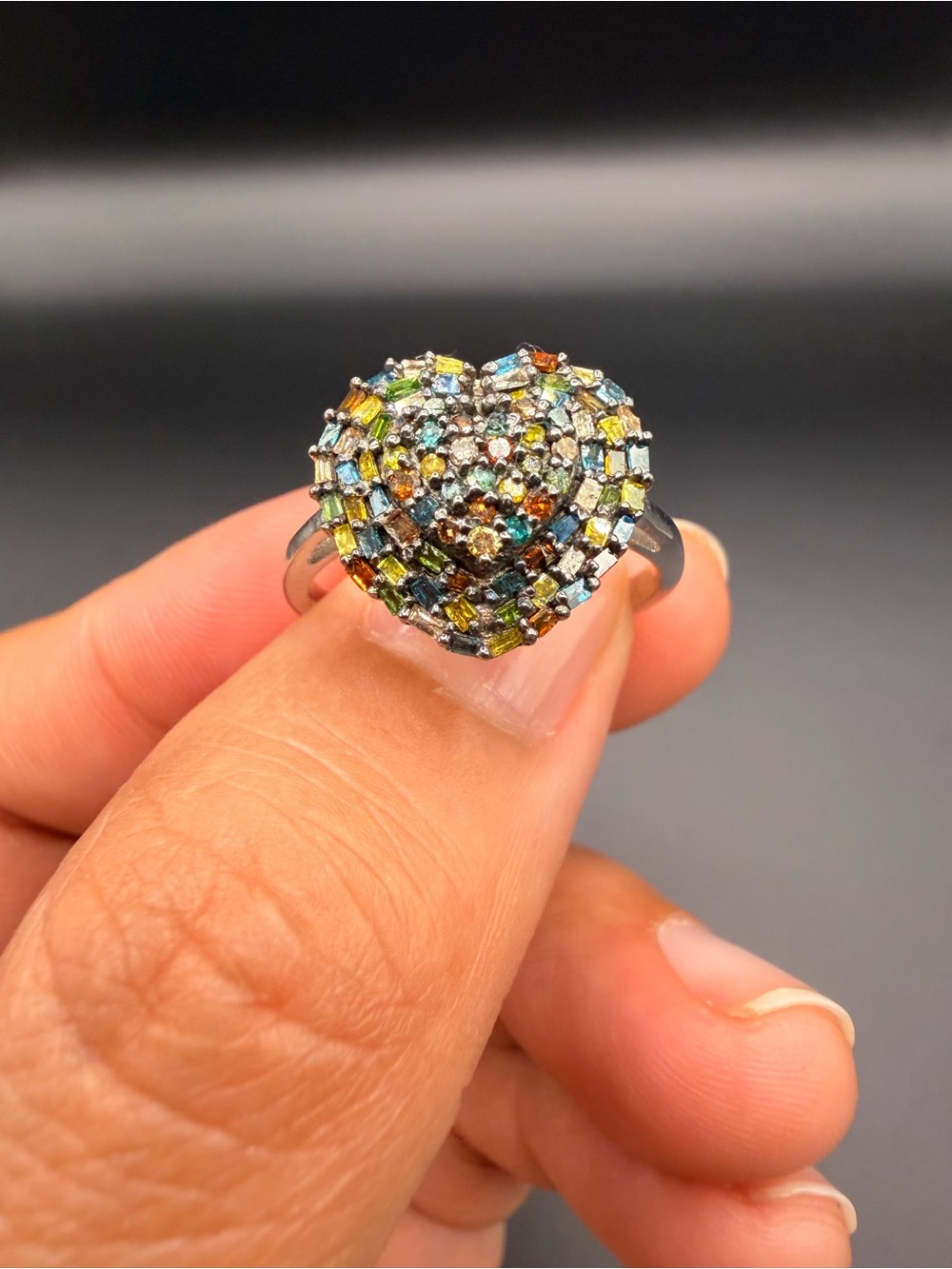 925 Sterling Silver 1 Ctw Multicolor Diamond Heart Ring Size 9.